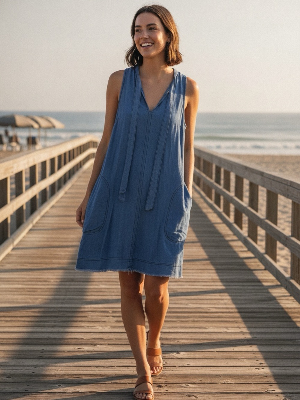 SPLENDID Sleeveless Chambray Denim Dress with V-Neck
Size X-Small
